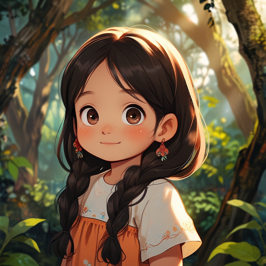 a young vietnamese girl with long wavy black hair in pig tails, in an illustrated style