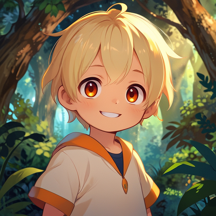 a young boy with short blonde hair, smiling, in an illustrated style