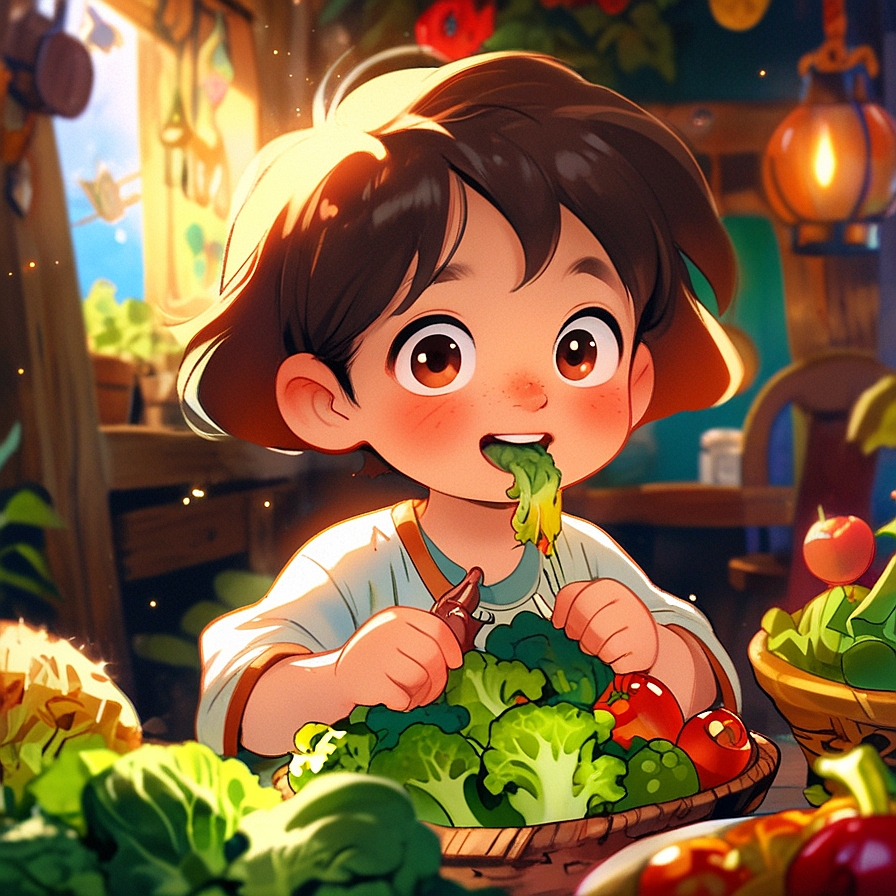 vietnamese boy eating their vegetable, in an illustrated style