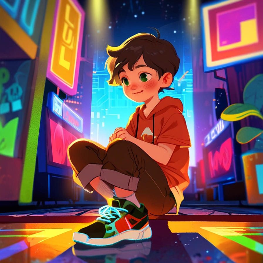 a boy tying his shoes, in an illustrated style