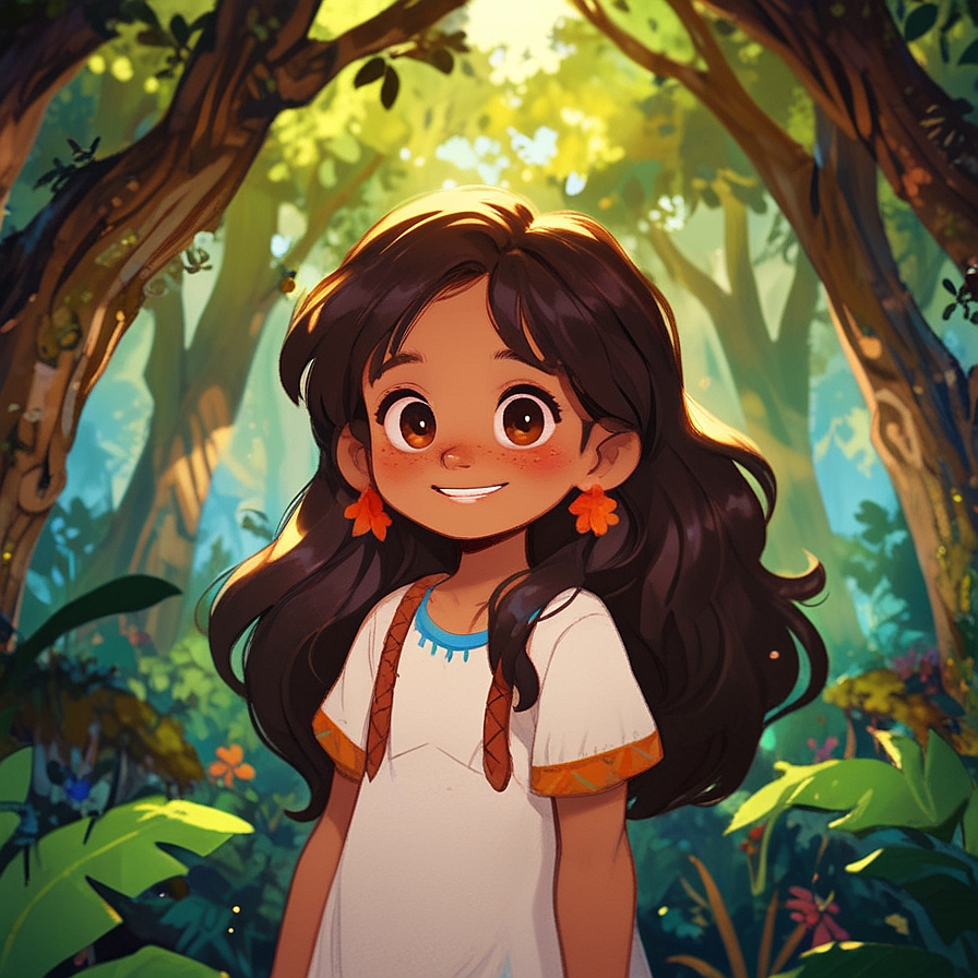 young indian girl with long brown flowing hair in an illustrated style