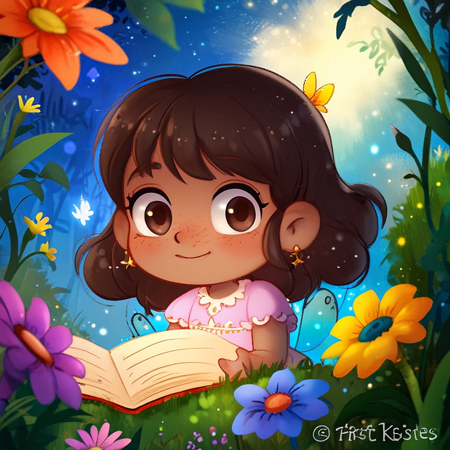 young girl reading a book in an illustrated style