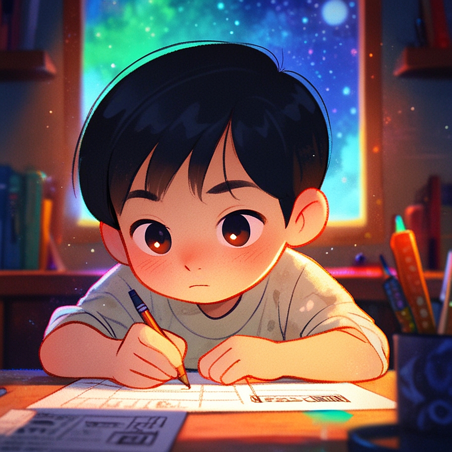 a chinese boy learning to use a pencil, in an illustrated style