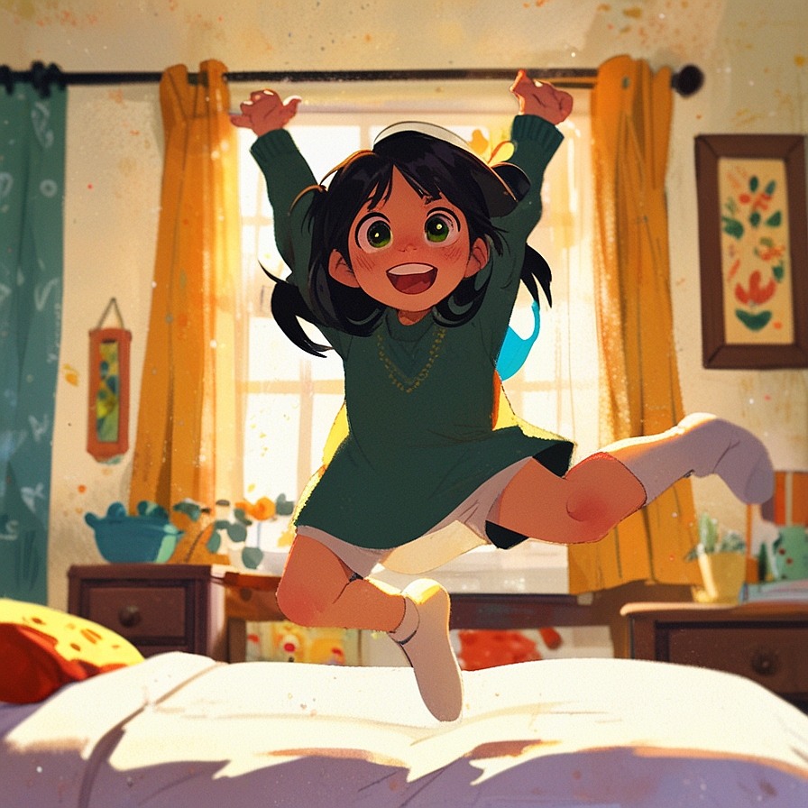 a spanish girl jumping on her bed, in an illustrated style