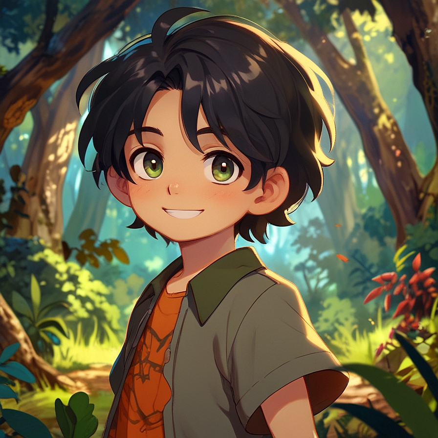 boy with medium length black hair in an illustrated style