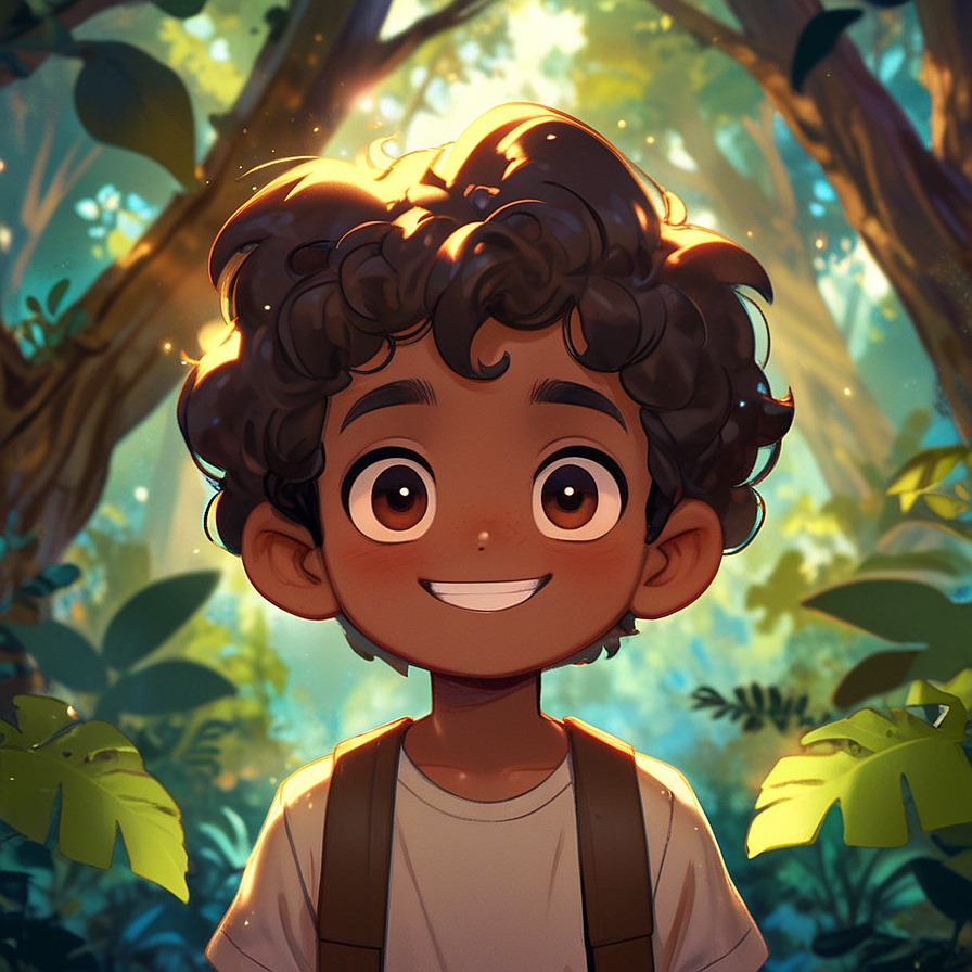 happy boy with brown curly hair in an illustrated style