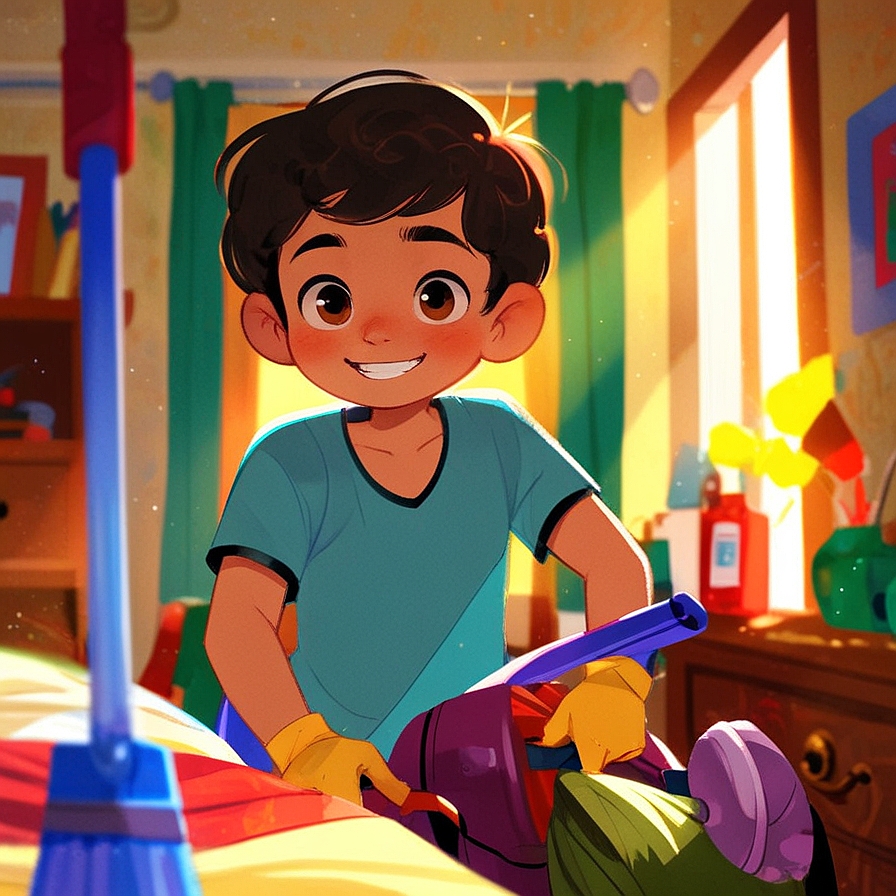 a mexican boy cleaning his bedroom, in an illustrated style
