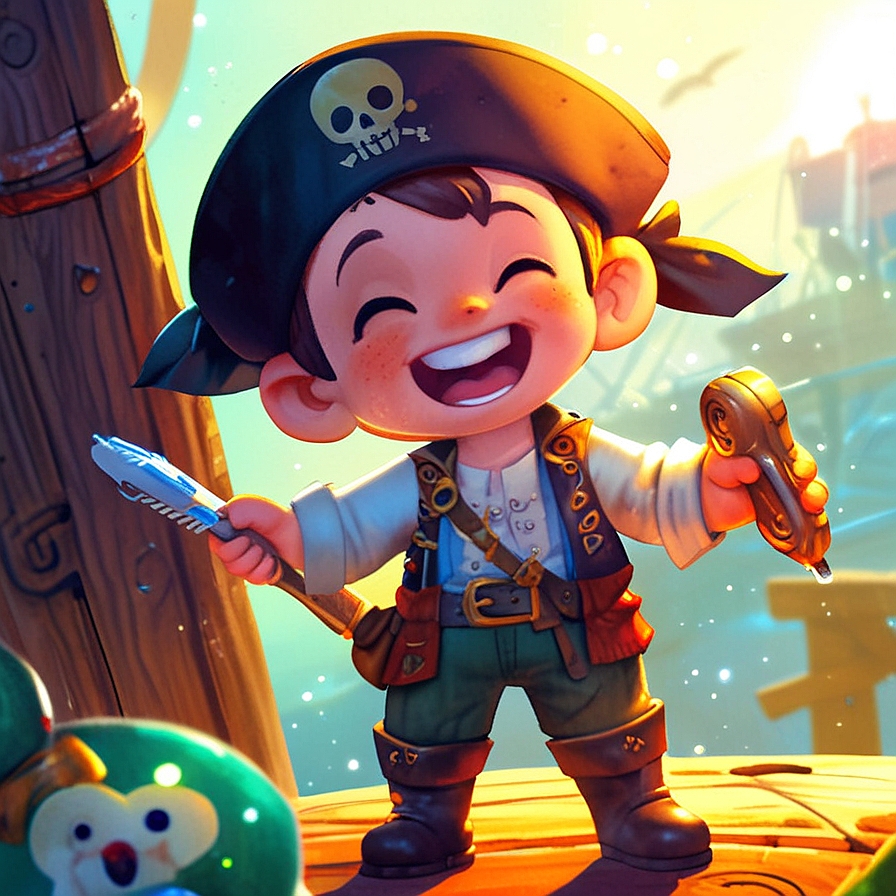 young pirate boy smiling ear to ear in an illustrated style