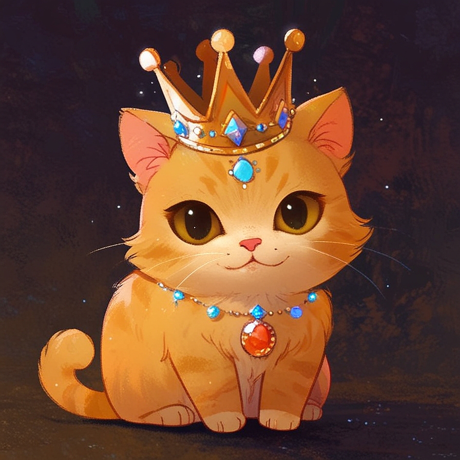 a cute cat wearing a magical crown, in an illustrated style