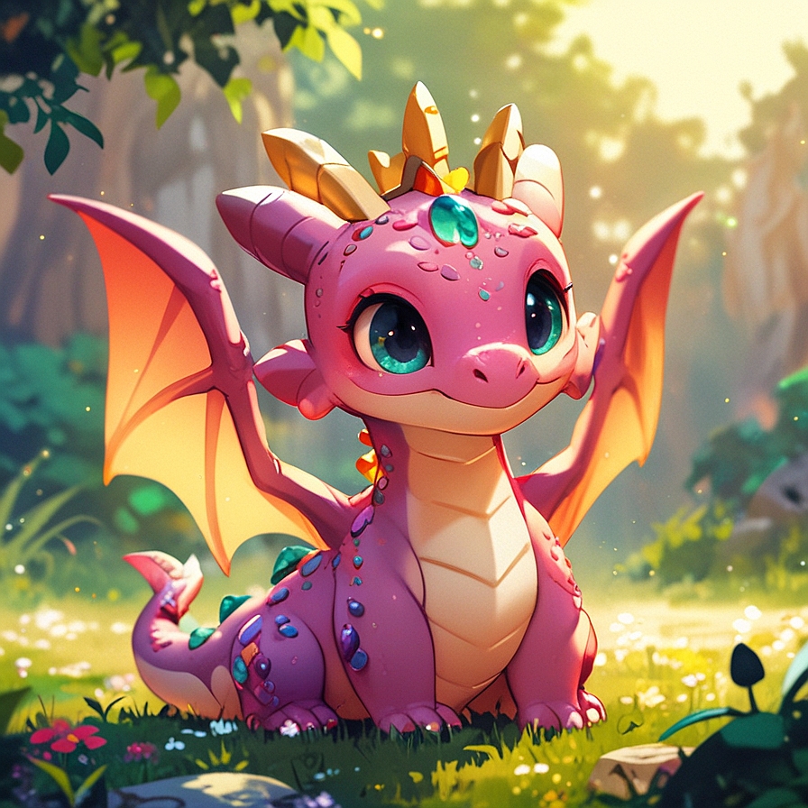 a cute dragon wearing a magical crown, in an illustrated style