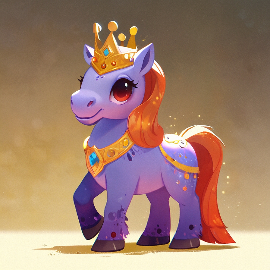 a cute horse wearing a magical crown, in an illustrated style