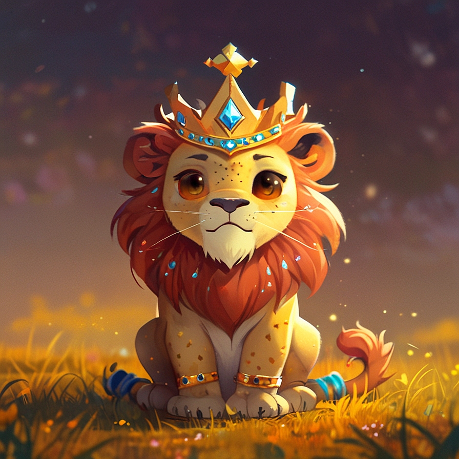 a cute lion wearing a magical crown, in an illustrated style