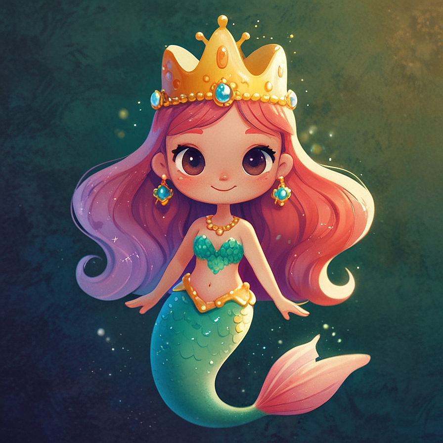 a cute mermaid wearing a magical crown, in an illustrated style