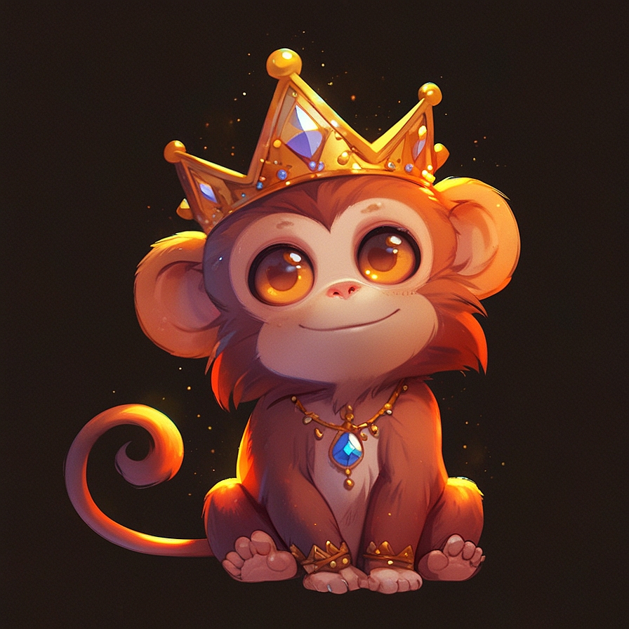 a cute monkey wearing a magical crown, in an illustrated style