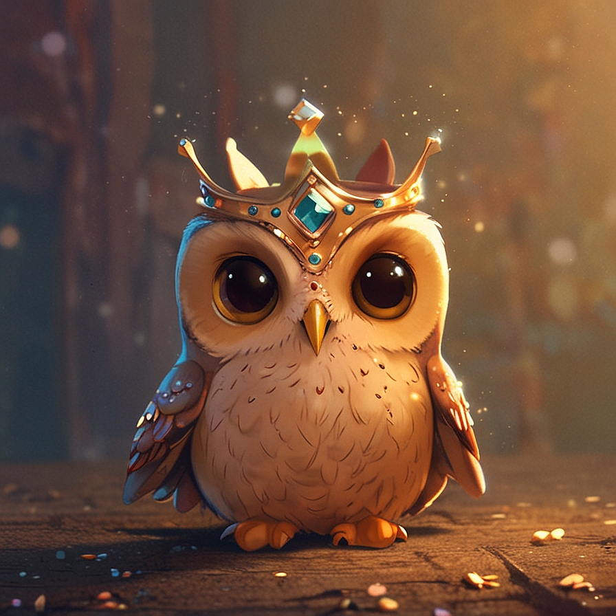 a cute owl wearing a magical crown, in an illustrated style