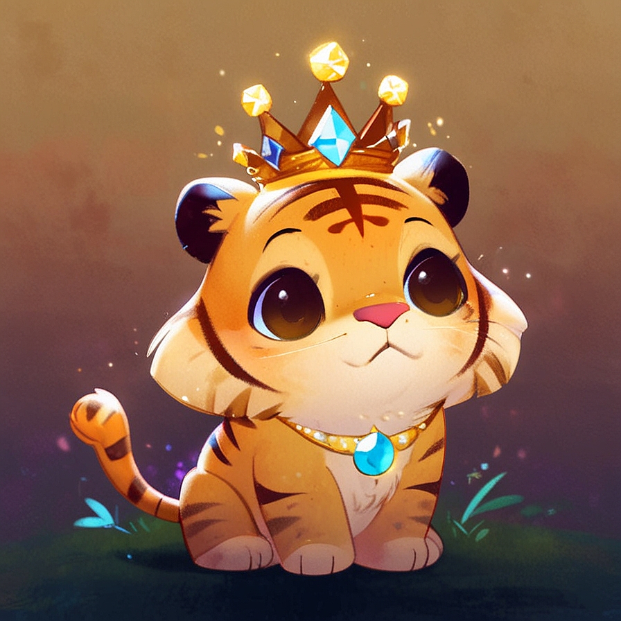 a cute tiger wearing a magical crown, in an illustrated style