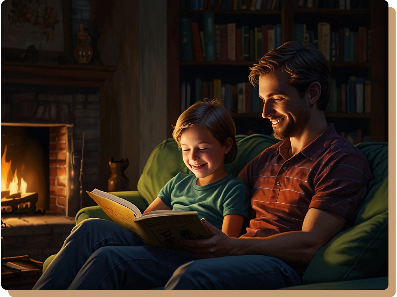 Father reading book with son